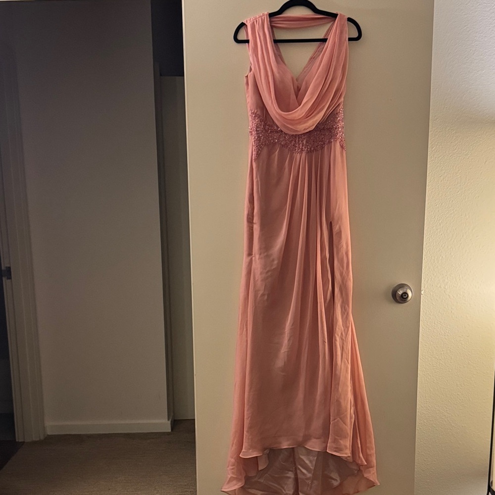 Sleeveless Rose High-Low Chiffon Evening Dress with Draped Cowl
